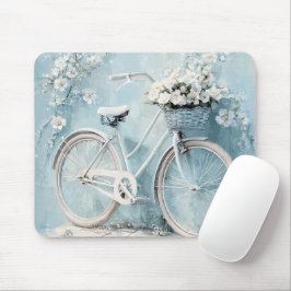 PASTELLBLAU MIT WEISSEN BLUMEN UND FAHRRAD MOUSEPAD
