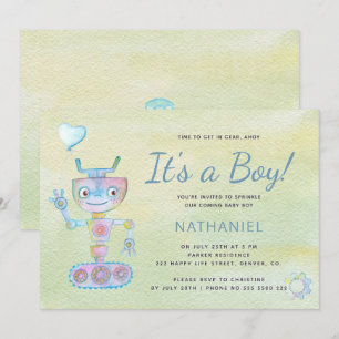 Pastellblau niedlicher Roboter, ein Kinderduschkop Einladung