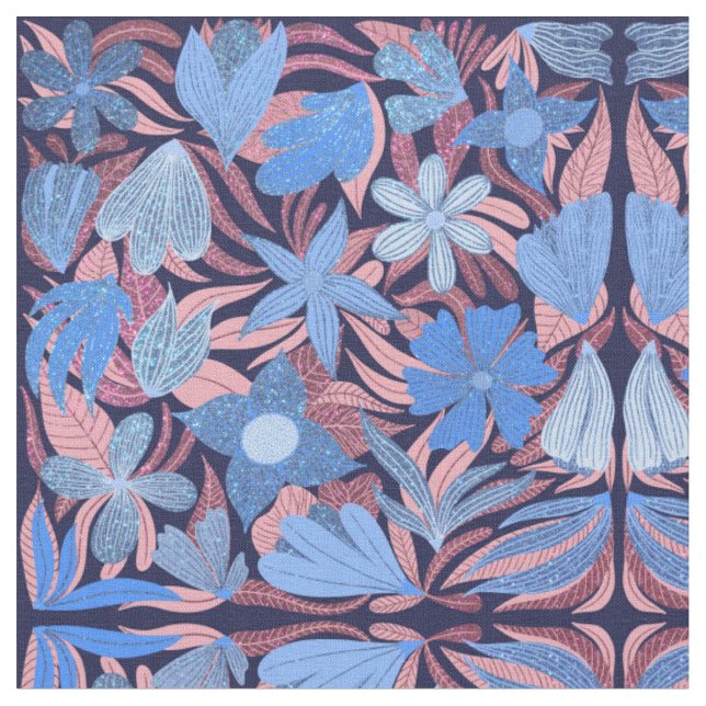 Pastellblau Pink Blumenmuster Blätter Glitzer Must Stoff (Nahaufnahme)