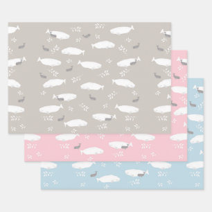 Pastellblau Rosa und Grau Beluga Baby Whale Design Geschenkpapier Set