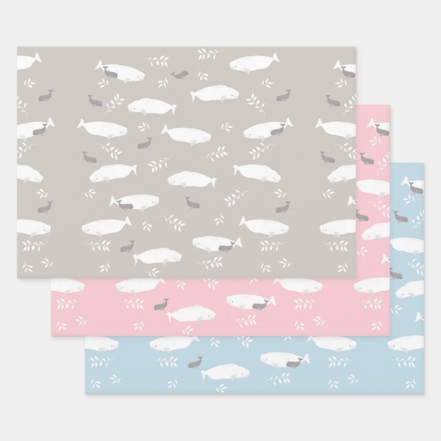 Pastellblau Rosa und Grau Beluga Baby Whale Design Geschenkpapier Set (Set)