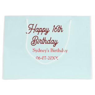 Pastellblau rote fröhliche 16. Geburtstag Name Dat Große Geschenktüte