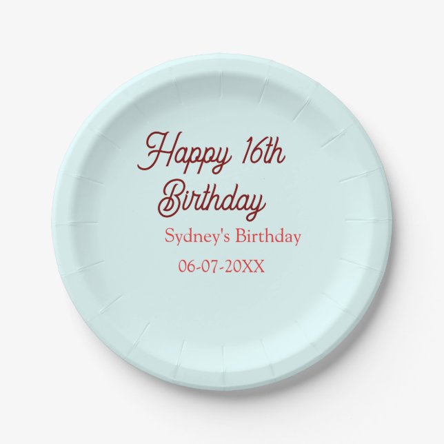 Pastellblau rote fröhliche 16. Geburtstag Name Dat Pappteller (Vorderseite)