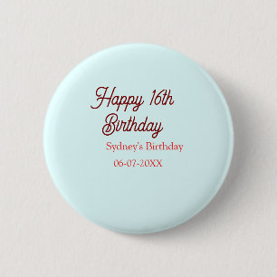 Pastellblau rote glückliche 16. Geburtstag Name Da Button