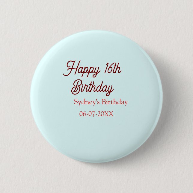 Pastellblau rote glückliche 16. Geburtstag Name Da Button (Vorderseite)