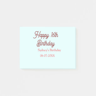 Pastellblau rote glückliche 16. Geburtstag Name Da Post-it Klebezettel