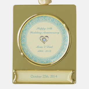 Pastellblau und cremefarbene Damasken Banner-Ornament Gold