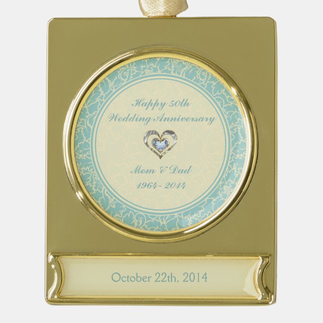 Pastellblau und cremefarbene Damasken Banner-Ornament Gold (Vorderseite)