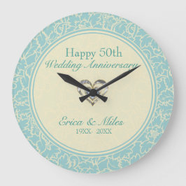 Pastellblau und cremefarbene Damasken Große Wanduhr