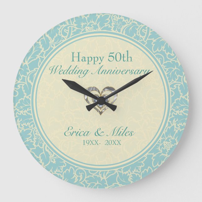 Pastellblau und cremefarbene Damasken Große Wanduhr (Vorderseite)