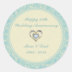 Pastellblau und cremefarbene Damasken Runder Aufkleber