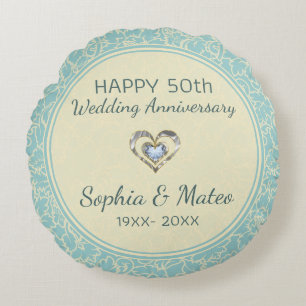 Pastellblau und cremefarbene Damasken Rundes Kissen