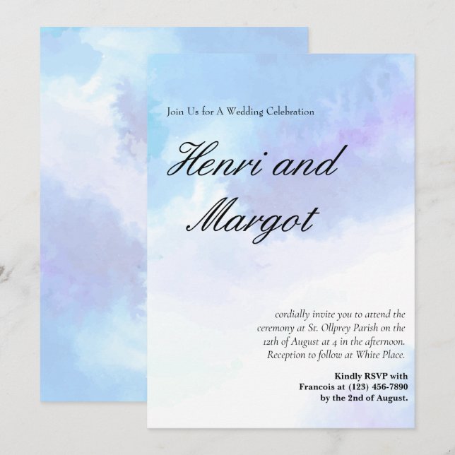 Pastellblau und Lila Wasserfarben-Blindskripte Einladung (Vorne/Hinten)