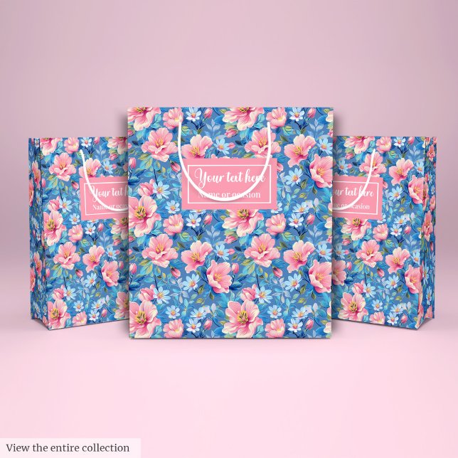 Pastellblau und Rosa pinkfarben, pinkfarben Mittlere Geschenktüte (Chic pastel blue and blush pink preppy floral Medium Gift Bag)