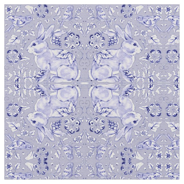 Pastellblau und Weißer Bunny Rabbit Bird Kleine Pr Stoff (Nahaufnahme)