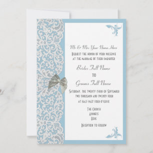 Pastellblau-weiße Spitze Traditionelle Hochzeit Einladung