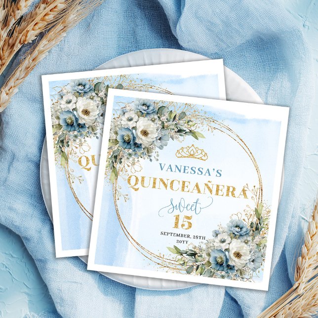Pastellblaue Blumen Boho 15. Geburtstag Servietten (Pastel Blue Flowers Boho 15th Birthday Napkins)