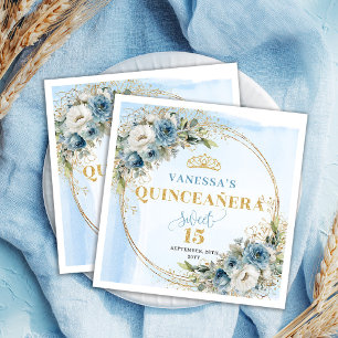 Pastellblaue Blumen Goldene 15. Geburtstagsserviet Serviette