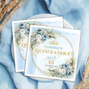 Pastellblaue Blumengoldrahmen 15. Geburtstagsservi Serviette