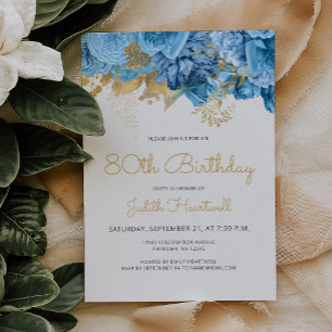 Pastellblaue Blumenparty zum 80. Geburtstag Einladung
