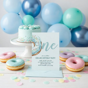Pastellblaue Donut 1. Geburtstags-Süßigkeit Einladung