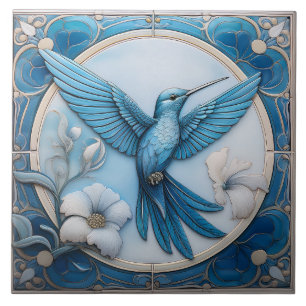 Pastellblaue Faux-Relief-Art-Nouveau-Kolibri-R Fliese