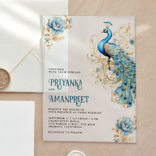 Pastellblaue goldene Blumenindische Pfauenhochzeit Acryleinladungen