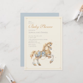 Pastellblaue Goldene Pferd-Baby-Party Einladung