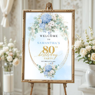 Pastellblaue Hortensien-Blumen 80. Geburtstagsbegr Poster