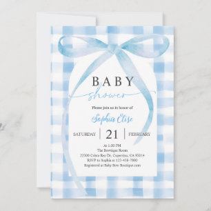 Pastellblaue Karo-Schleifen-Baby-Party Einladung