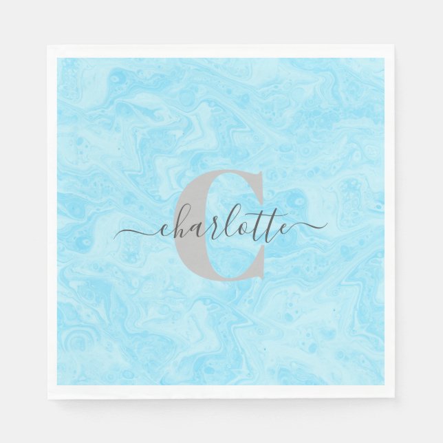 Pastellblaue Marmor individuelle monogrammierte Na Serviette (Vorderseite)