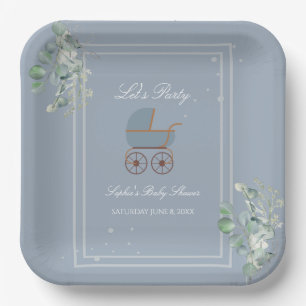 Pastellblaue Streifen Baby-Kinderwagen Baby-Party Pappteller