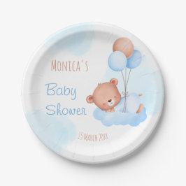 Pastellblaue Teddybär Aquarell Babydusche Pappteller