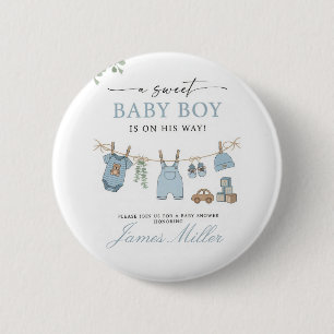 Pastellblaue Wäscheleine-Baby-Junge-Einladung zur Button