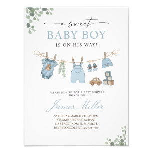 Pastellblaue Wäscheleine-Baby-Junge-Einladung zur Fotodruck