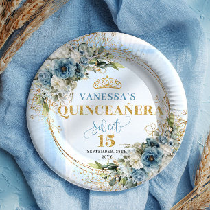 Pastellblaue Wasserfarbe-Floral-Gold-Quinceañera  Pappteller
