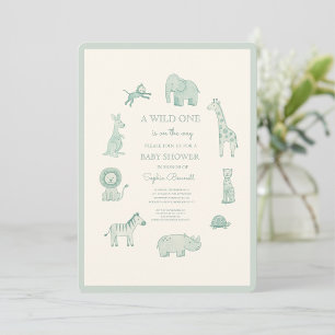 Pastellblaue Wasserfarbe-Safari-Tiere-Baby-Party Einladung