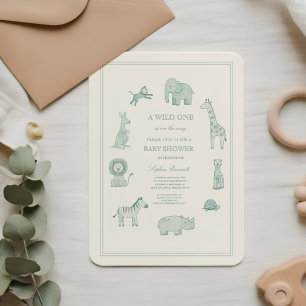 Pastellblaue Wasserfarbe-Safari-Tiere-Baby-Party Einladung