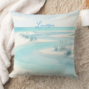 pastellblaue Wasserfarbe Strandwellen Name editier Kissen
