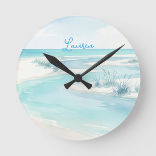 pastellblaue Wasserfarbe Strandwellen Name editier Runde Wanduhr