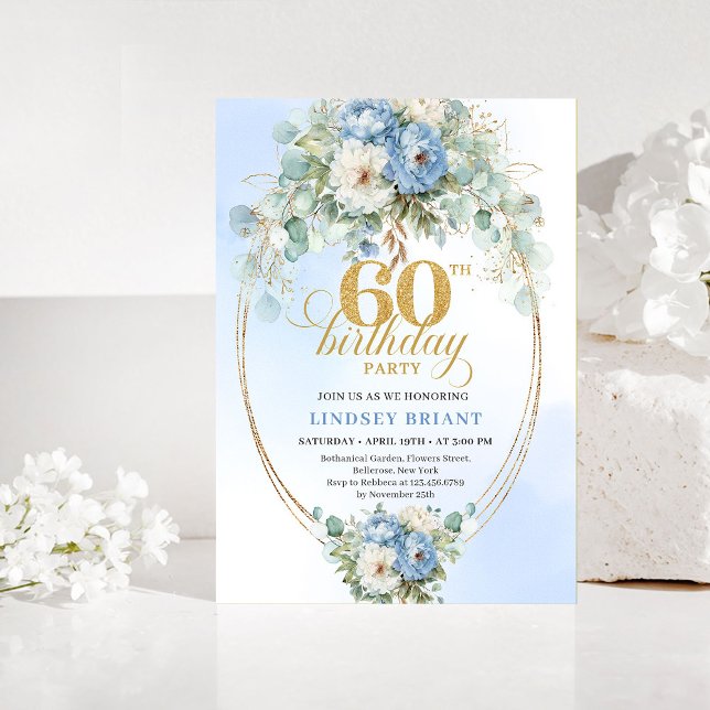Pastellblaue weiße Pfingstrose floral gold 60. Geb Einladung (Pastel blue white peony floral gold 60th birthday invitation

)