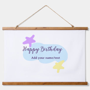 Pastellblaue Wolken Sterne lila Alles Gute zum Geb Wandteppich Mit Holzrahmen