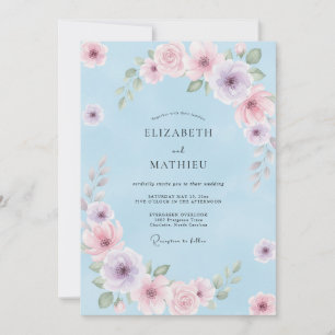 Pastellblaue zarte Hochzeitsblumen Einladung