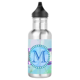 Pastellblauer Floral Monogramm Edelstahlflasche