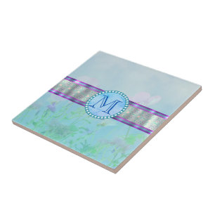 Pastellblauer Floral Monogramm Fliese