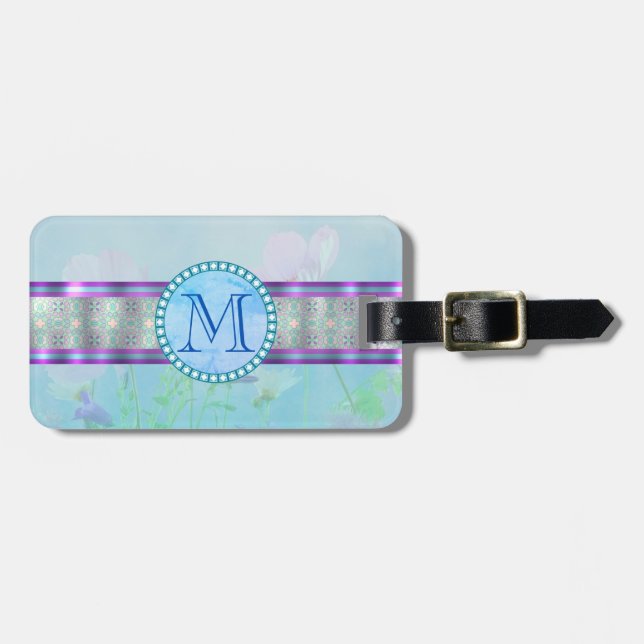 Pastellblauer Floral Monogramm Gepäckanhänger (Vorderseite horizontal)