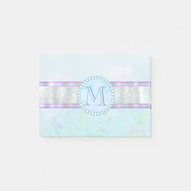 Pastellblauer Floral Monogramm Post-it Klebezettel (Vorderseite)