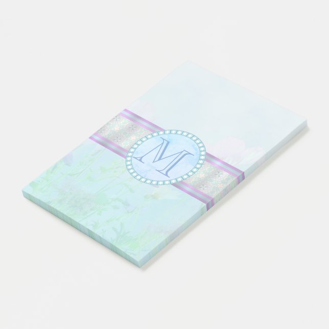 Pastellblauer Floral Monogramm Post-it Klebezettel (angewinkelt)