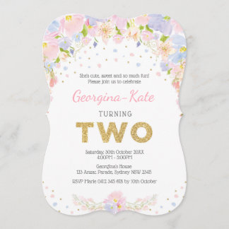 Pastellblumen2. Geburtstag laden rosa lila Gold Einladung