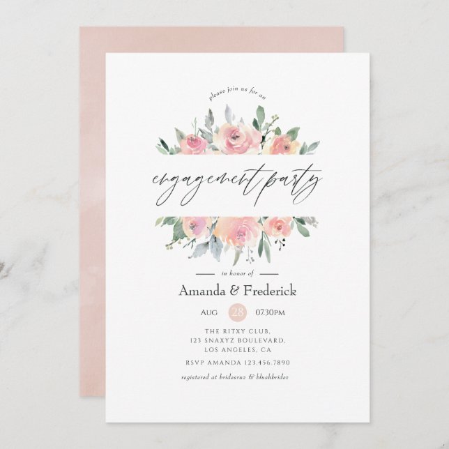Pastellblush Pink Floral Engagement Party Einladung (Vorne/Hinten)